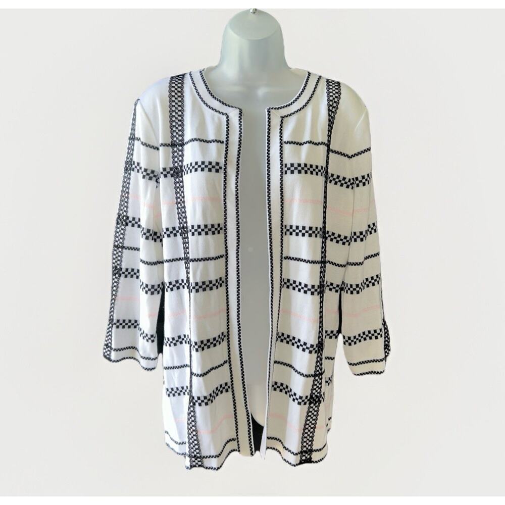 Ming Wang Heritage Fit Cardigan Sweater Size XL Open Front White Black Pink